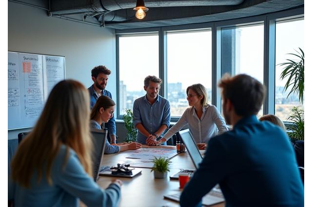 L'équipe de Delta Marketing travaillant en collaboration dans des bureaux modernes à Lyon